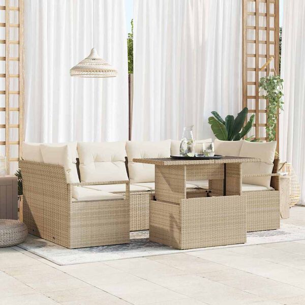 vidaXL Bankstel met kussen 7 pcs Beige poly rattan