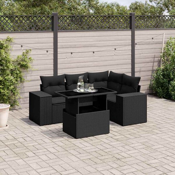 vidaXL 5-delige Loungeset met kussens poly rattan zwart