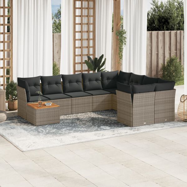 vidaXL 10-delige Loungeset met kussens poly rattan grijs