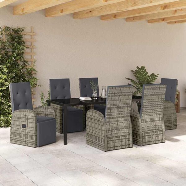 vidaXL Tuin eettafelset met kussen 7 pcs Grijs poly rattan