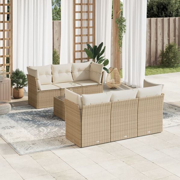 vidaXL 7-delige Loungeset met kussens poly rattan beige