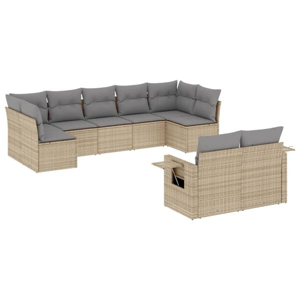 vidaXL 9-delige Loungeset met kussens poly rattan beige