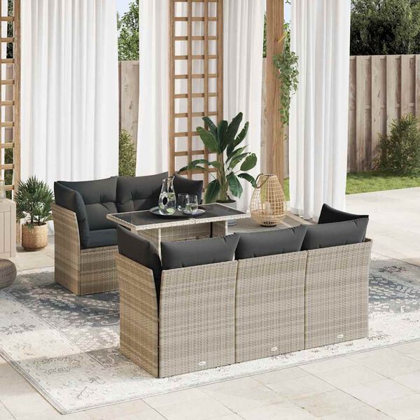vidaXL 6-delige Loungeset met kussens poly rattan lichtgrijs