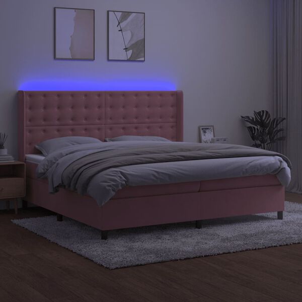 vidaXL Boxspring met matras en LED fluweel roze 200x200 cm