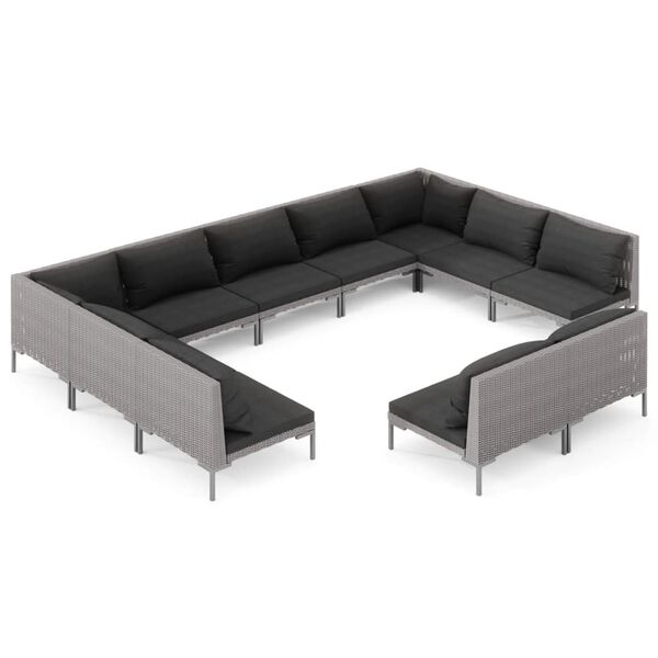 vidaXL 11-delige Loungeset met kussens poly rattan donkergrijs