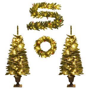 vidaXL Kunstkerstbomen 2 st met krans, guirlande en LED's