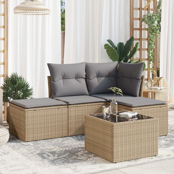vidaXL 5-delige Loungeset met kussens poly rattan beige