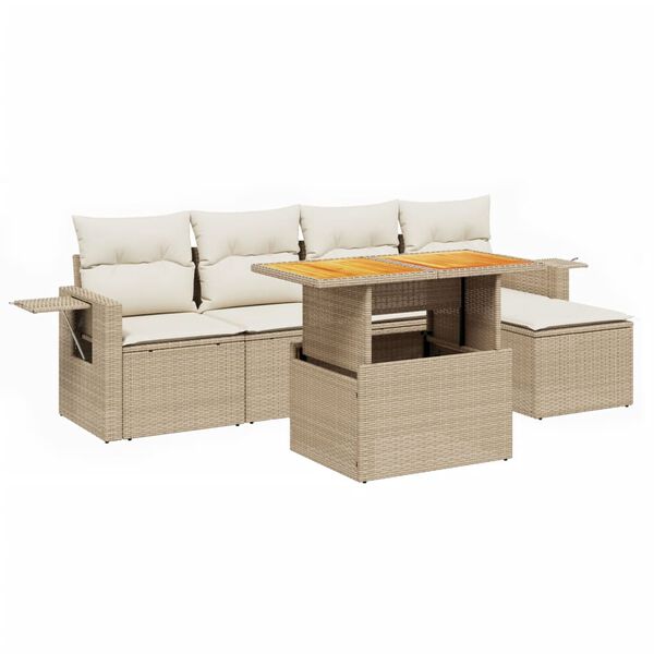 vidaXL 6-delige Loungeset met kussens poly rattan beige