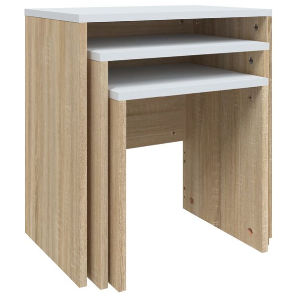 vidaXL 3-delige Tafeltjesset bewerkt hout wit en sonoma eikenkleurig