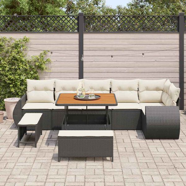 vidaXL Tuin Sofa Set met kussen 9 pcs Zwart en Cr&egrave;me Poly Rattan