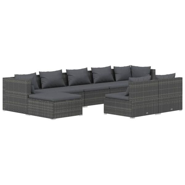 vidaXL 9-delige Loungeset met kussens poly rattan grijs