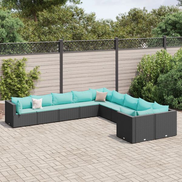 vidaXL 10-delige Loungeset met kussens poly rattan zwart