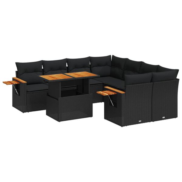 vidaXL 9-delige Loungeset met kussens poly rattan zwart