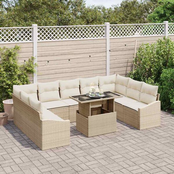 vidaXL Bankstel met kussen 10 pcs Beige en Cr&egrave;me poly rattan