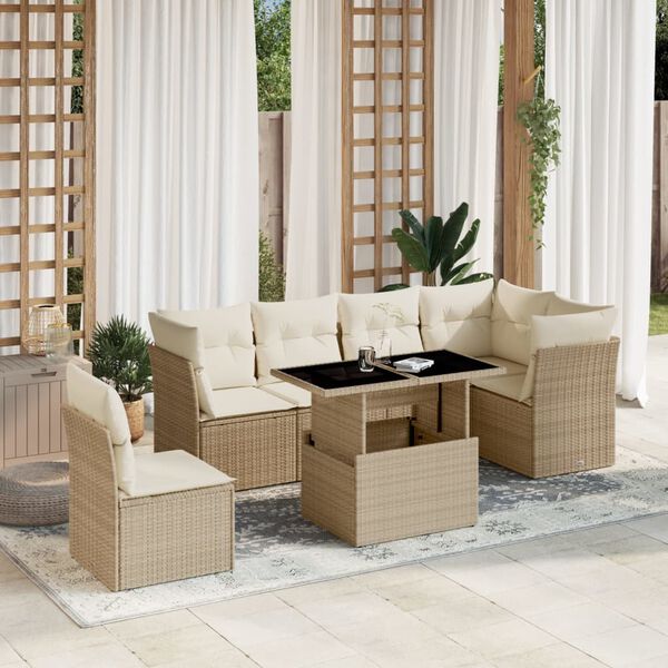 vidaXL 7-delige Loungeset met kussens poly rattan beige