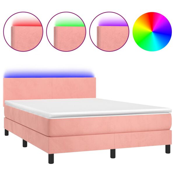 vidaXL Boxspring met matras en LED fluweel roze 140x200 cm