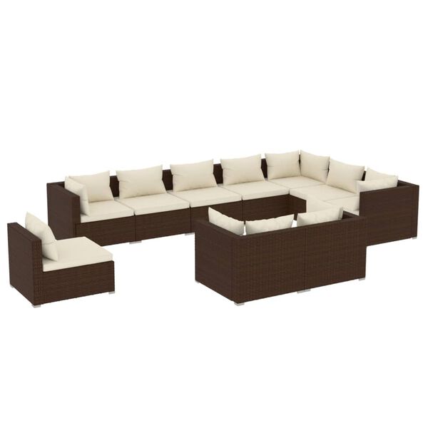 vidaXL 10-delige Loungeset met kussens poly rattan bruin