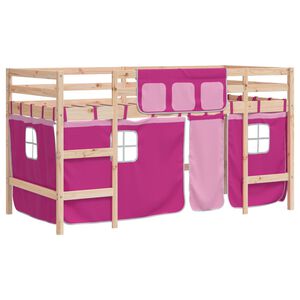 vidaXL Kinderhoogslaper met gordijnen 90x190 cm grenenhout roze