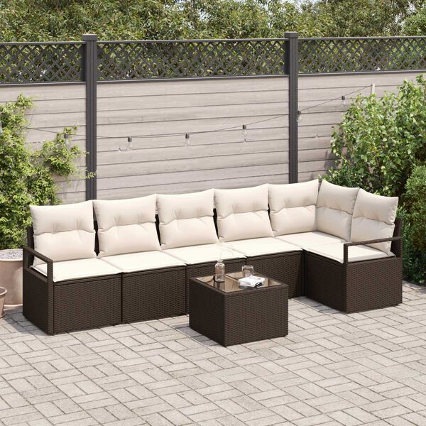 vidaXL Tuinbankenset met kussen 7 pcs Bruin en Cr&egrave;me poly rattan