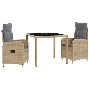 vidaXL Buiten eettafelset 3 st Beige en Licht Grijs poly rattan