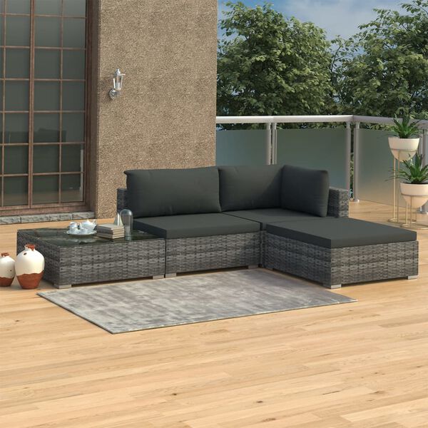 vidaXL 4-delige Loungeset met kussens poly rattan grijs