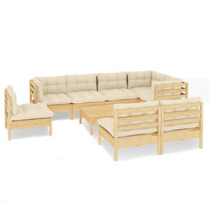 vidaXL 9-delige Loungeset met cr&egrave;mekleurige kussens massief grenenhout