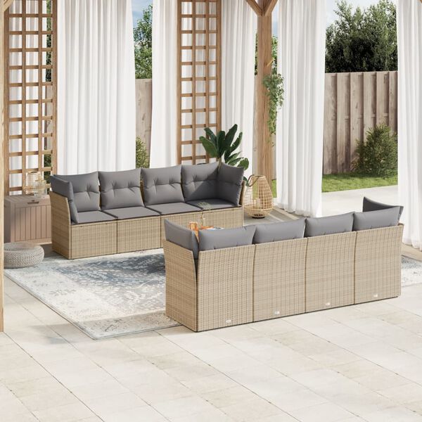 vidaXL 9-delige Loungeset met kussens poly rattan gemengd beige