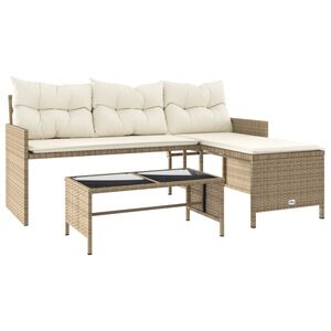 vidaXL Tuinbank met tafel en kussens L-vormig poly rattan beige