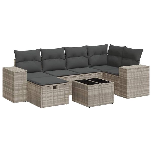 vidaXL 7-delige Loungeset met kussens poly rattan lichtgrijs