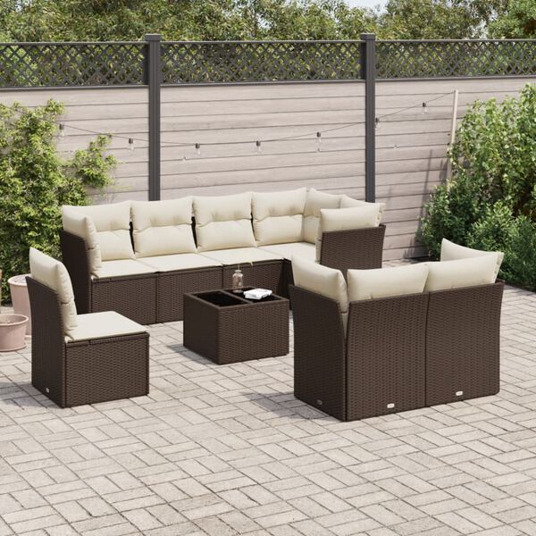 vidaXL 9-delige Loungeset met kussens poly rattan bruin