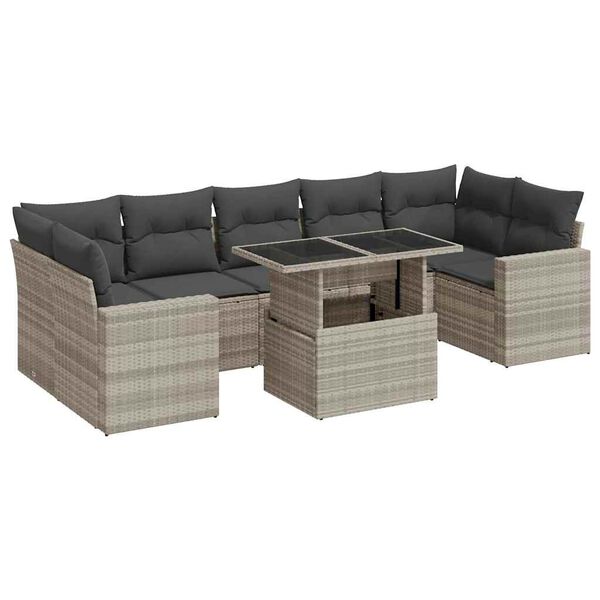 vidaXL 8-delige Loungeset met kussens poly rattan lichtgrijs