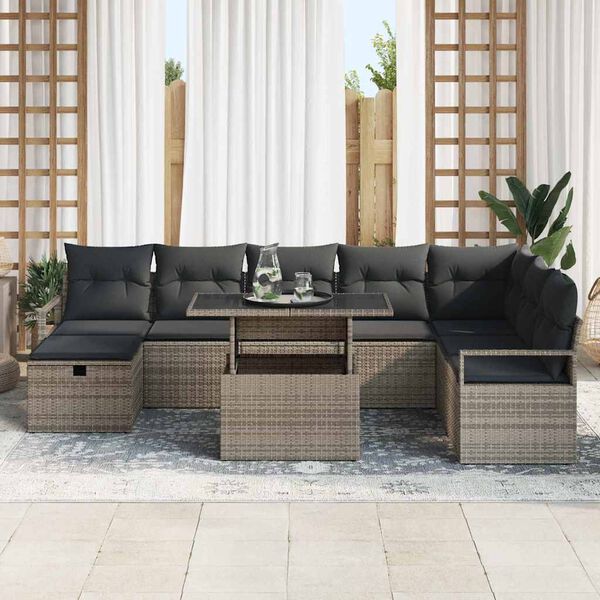 vidaXL Tuin Sofa Set met kussen met opslag 9 pcs Grijs Poly riet