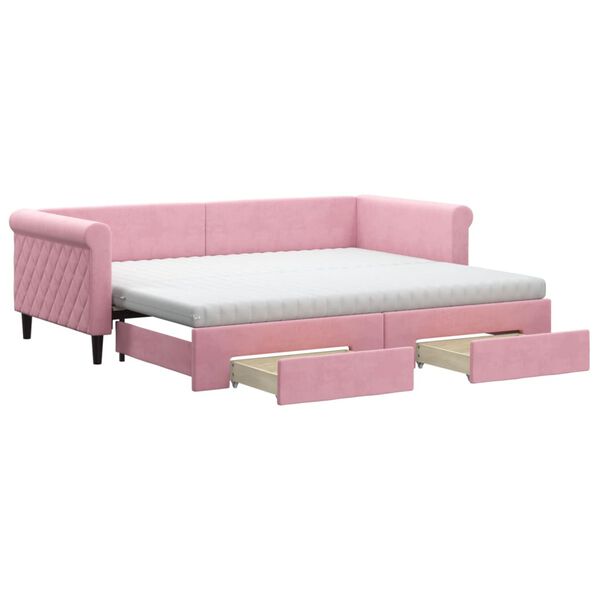 vidaXL Slaapbank met onderschuifbed en lades 90x200 cm fluweel roze