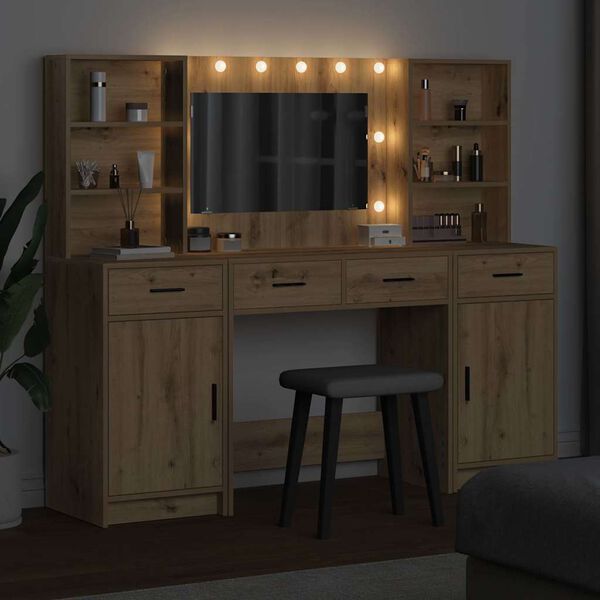 vidaXL Make-up tafel set met LED 3 pcs Artisan Eiken Bewerkt hout