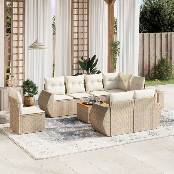 vidaXL 9-delige Loungeset met kussens poly rattan beige