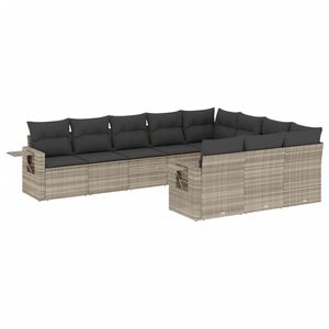 vidaXL 10-delige Loungeset met kussens poly rattan lichtgrijs