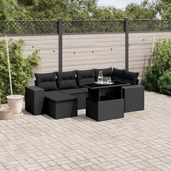 vidaXL 7-delige Loungeset met kussens poly rattan zwart