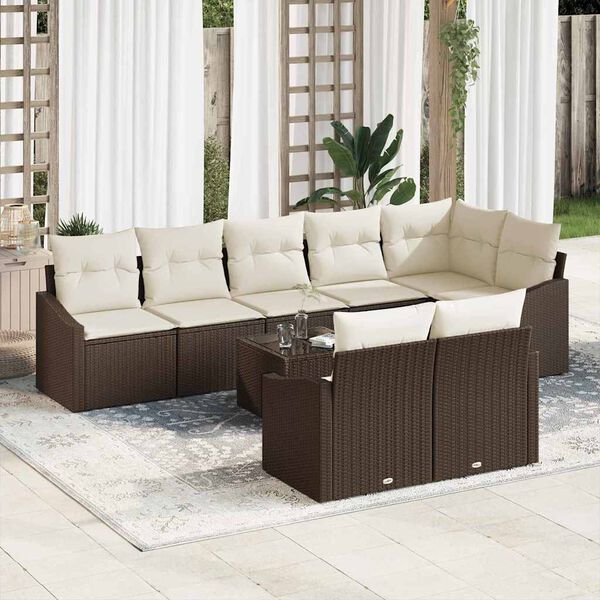 vidaXL Bankstel met kussen 9 pcs Bruin poly rattan