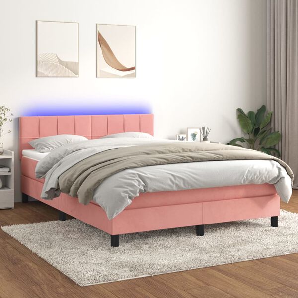 vidaXL Boxspring met matras en LED fluweel roze 140x190 cm