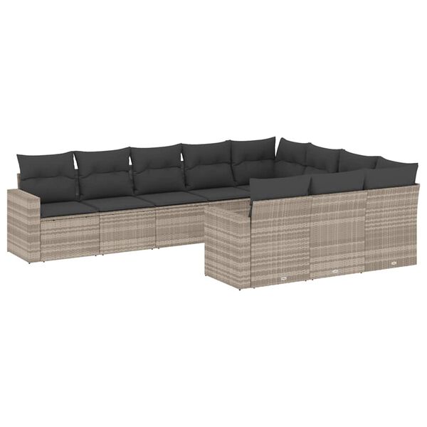 vidaXL 10-delige Loungeset met kussens poly rattan lichtgrijs