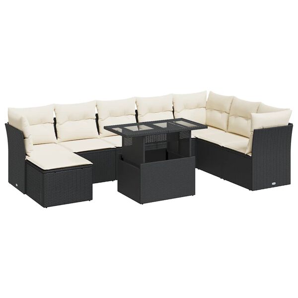 vidaXL 9-delige Loungeset met kussens poly rattan zwart