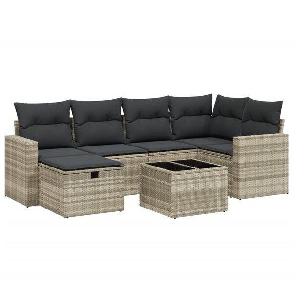 vidaXL 7-delige Loungeset met kussens poly rattan lichtgrijs