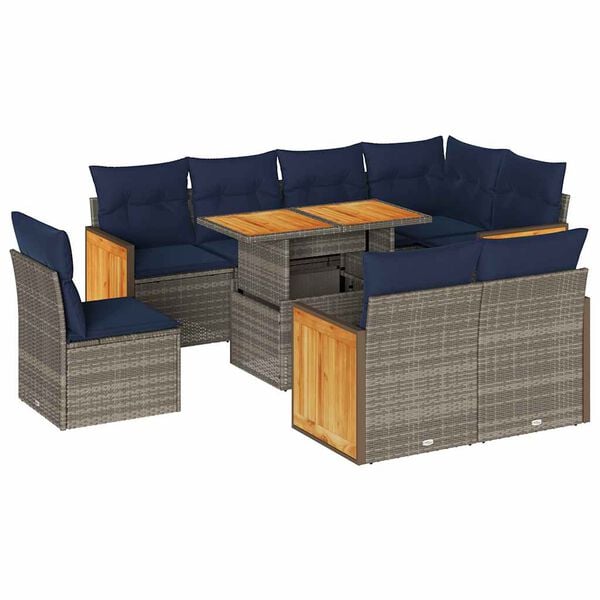 vidaXL 9-delige Loungeset met kussens poly rattan acacia grijs