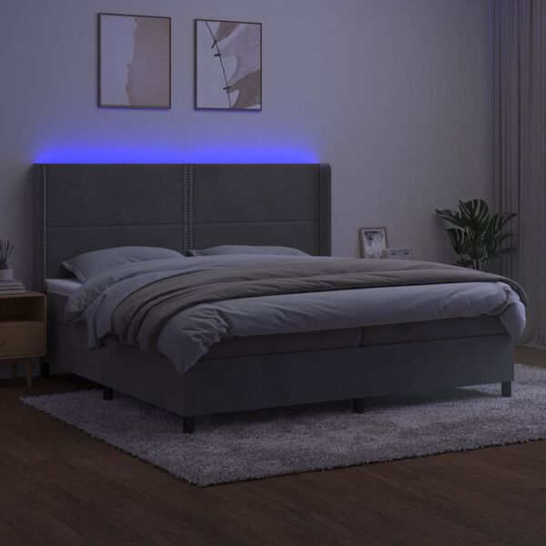 vidaXL Boxspring met matras en LED fluweel lichtgrijs 200x200 cm