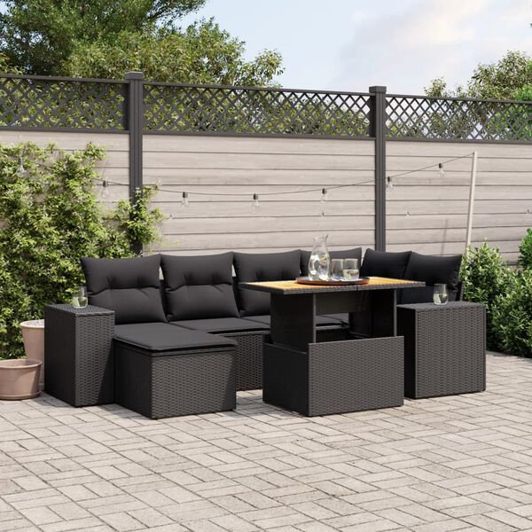 vidaXL 7-delige Loungeset met kussens poly rattan zwart