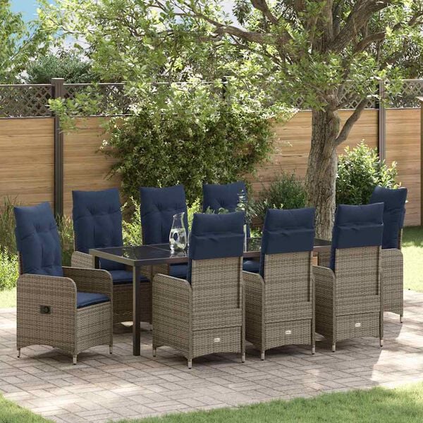 vidaXL Tuin Eetset met kussen 9 pcs Zwart Poly riet