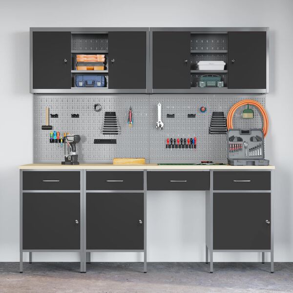 vidaXL Werk kast met lade 10 pcs Zwart Engineered hout en staal