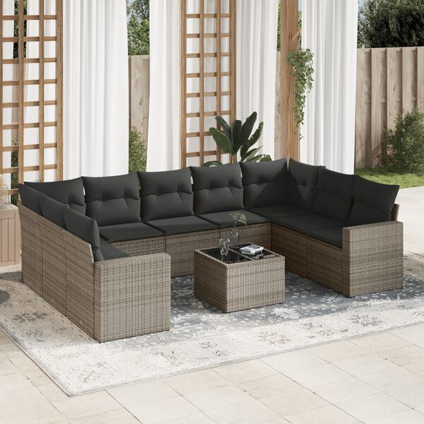 vidaXL 10-delige Loungeset met kussens poly rattan grijs