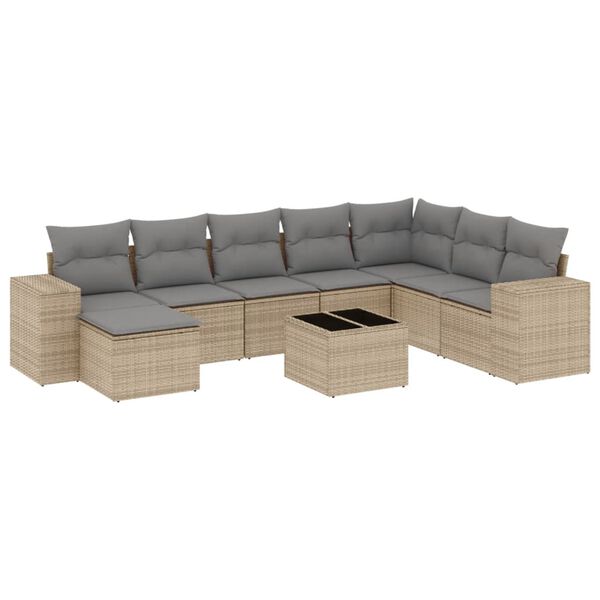 vidaXL 9-delige Loungeset met kussens poly rattan beige