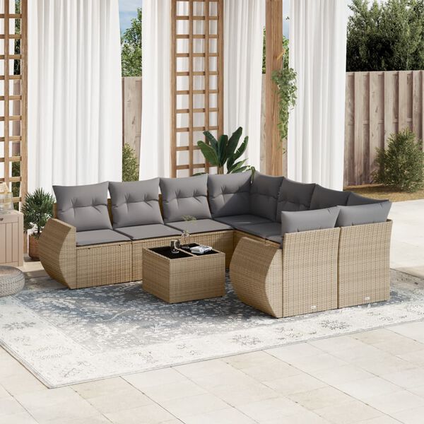 vidaXL 9-delige Loungeset met kussens poly rattan beige